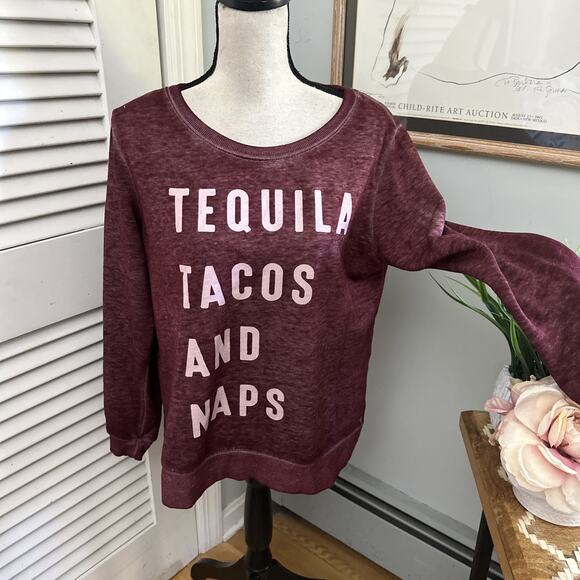 ZOE LIV Womens Sweatshirt Medium Heather Red Tequila Tacos Naps Lightweight - Picture 1 of 9